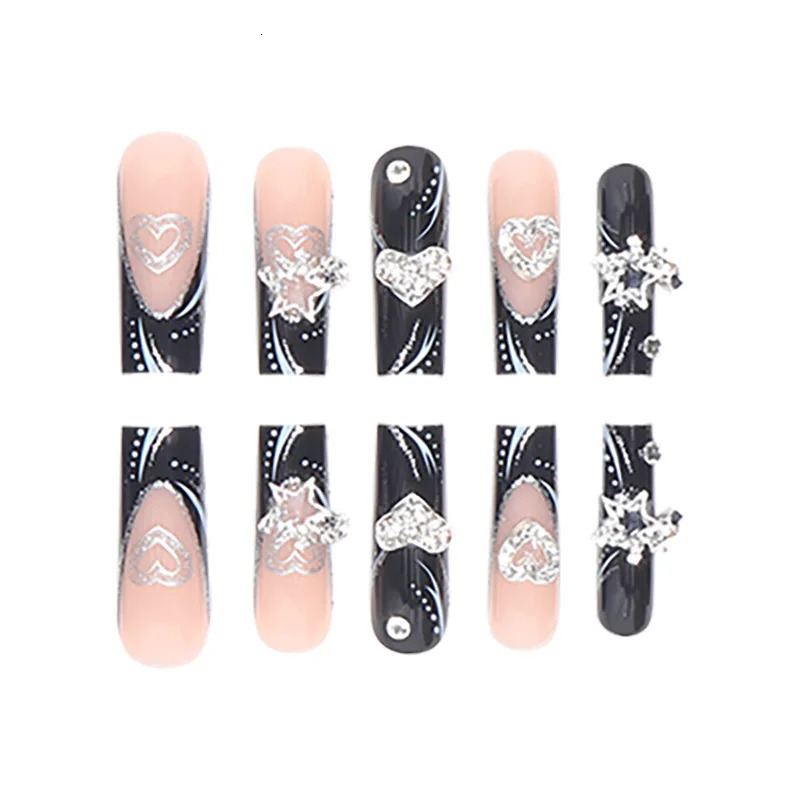 24PCS1BOX Black French Wearing Sweet and Cool Nail Patch Glitter Love Stars in Europe and America Dark Department Fake Nail 250625