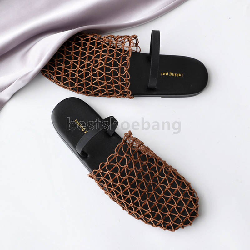 designer sandals flats heels weave mesh womens sandal hollow out slides mules non-slip slippers fashion summer sandale elegant fishnet shoes