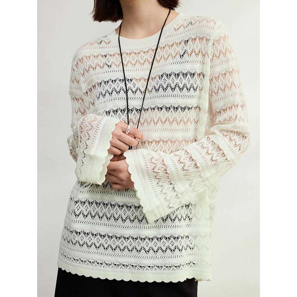 Beige Hollow Out Big Size Knitting Sweater Round Neck Long Sleeve Women Pullovers New Fashion 2025