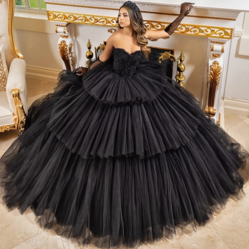 Luxury 2025 Black Quinceanera Dresses Ball Gown Crystal Beaded Tull Tiered Corset Sweet 16 Dress Vestido De 15 Anos
