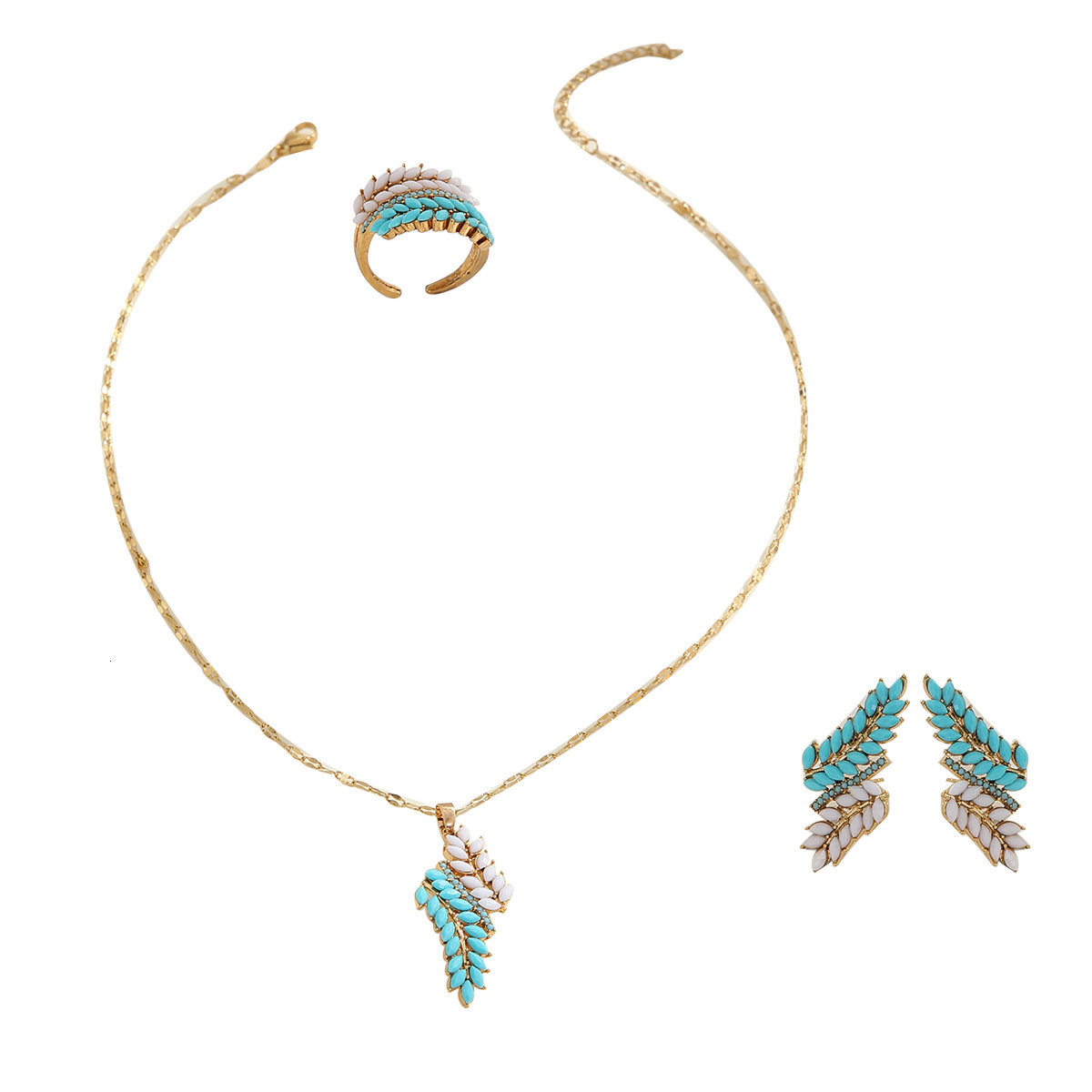 Fashion Commuter Necklace And Earring Set Wheat Spike Resin Design Index Finger Ring Jewelry