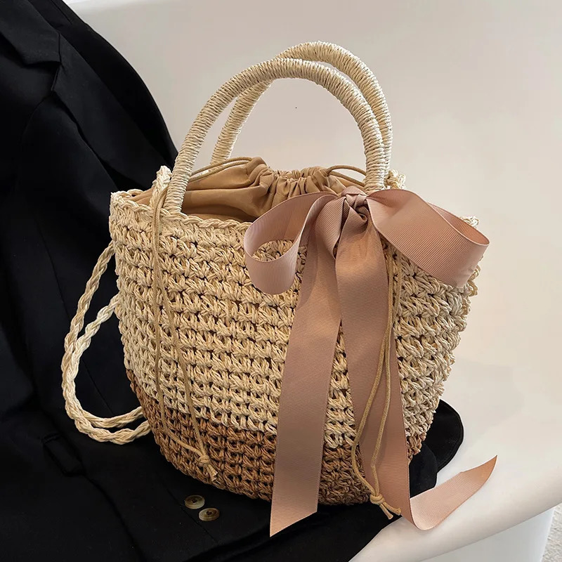 Bow Decors Bucket Shoulder Bags Handmade Straw Hollow Out Bag Summer Female Travel Beach Purse Vintage Handbags Bolsa 250624