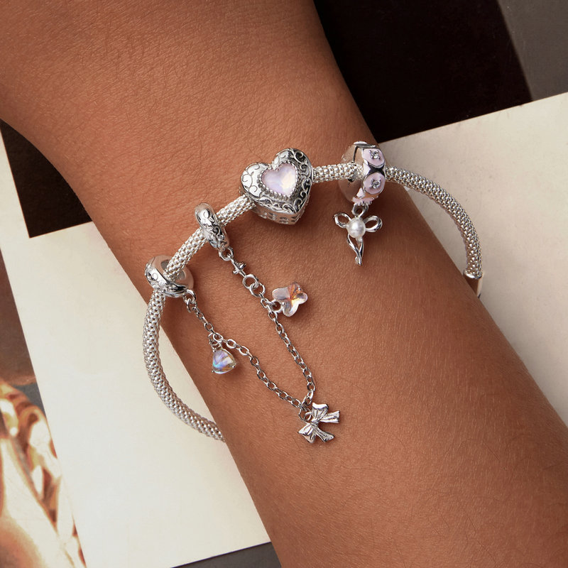 Bamoer 925 Sterling Silver Princess Pink Bear Bead Ballet Girl Charm Shoe Bow Pendant Saftey Chain Fit Bracelet Neckalce DIY Gift