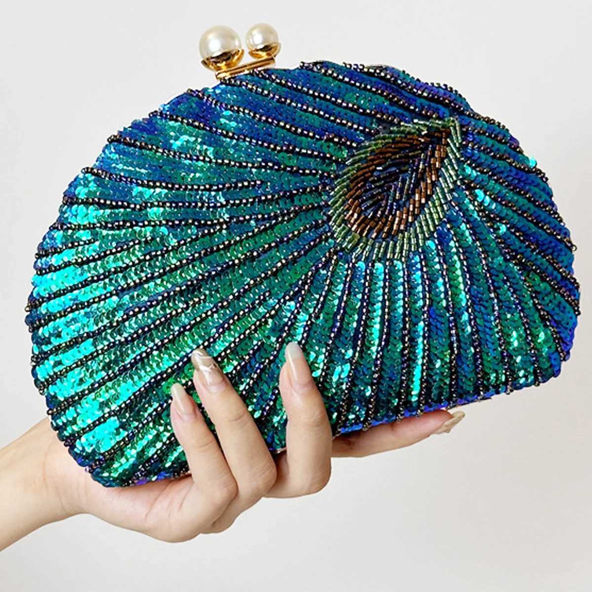 Glitter Vintage Sequins Decor Clutch Wallet Classic Peacock Feather Pattern Evening Bag Womens Shiny Satchel Bag For Party M250625