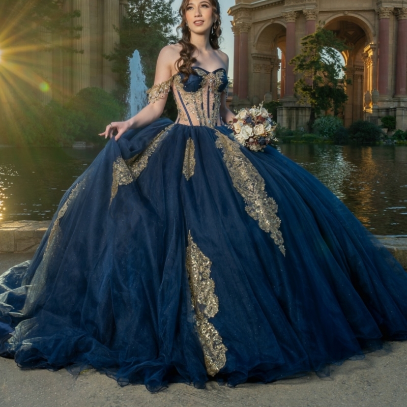 Navy Blue Quinceanera Dresses Ball Gown Off The Shoulder Gold Applique Lace Beading Crystal Tull Corset Sweet 16 Dress Vestidos 15 Anos