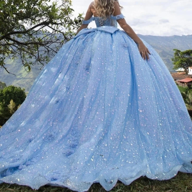 Sparkling Sky Blue Quinceanera Dresses Applique Lace Sequin Beads Tull Birthday Princess Sweet 16 Dress Vestido De 15 Anos