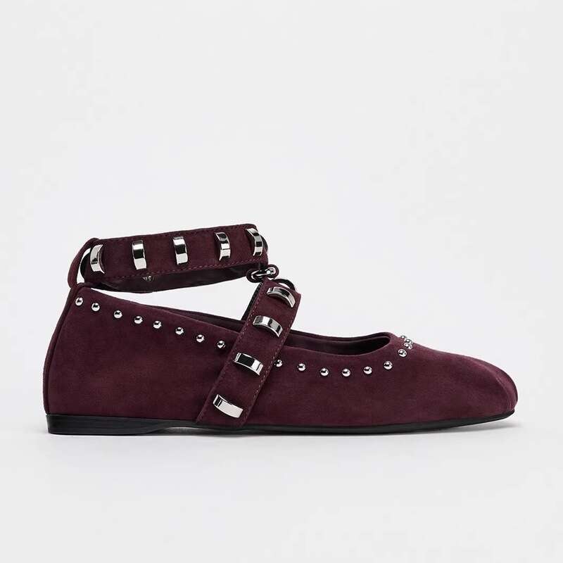 Studded Single for Women Spring and Autumn New Fashion Round Toe Versatile Ballet One Strap Casual Flat Shoes Black