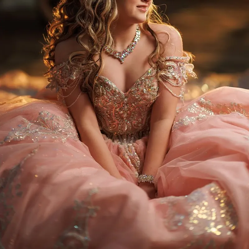 Pink Glitter Quinceanera Dresses Ball Gown Off Shoulder Appliques Lace Bow Beading Crystal Tull Corset Sweet 16 Dress Shiny Vestidos 15 de anos