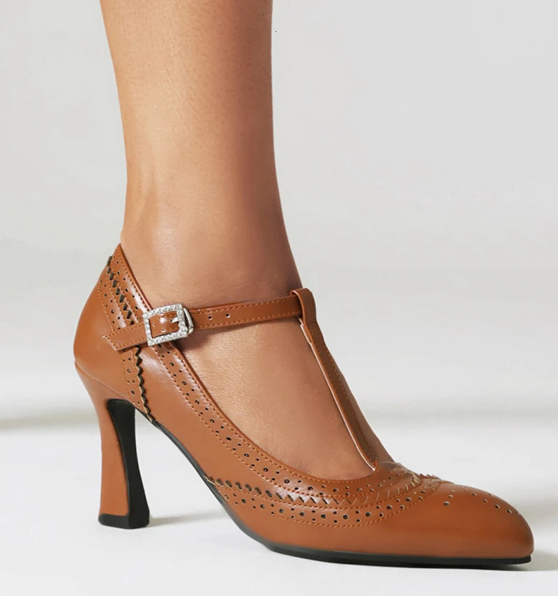 EAGSITY Mary Jane shoes brown high heel women ankle strap stiletto heel pumps dancing party lady wedding shoes 250624