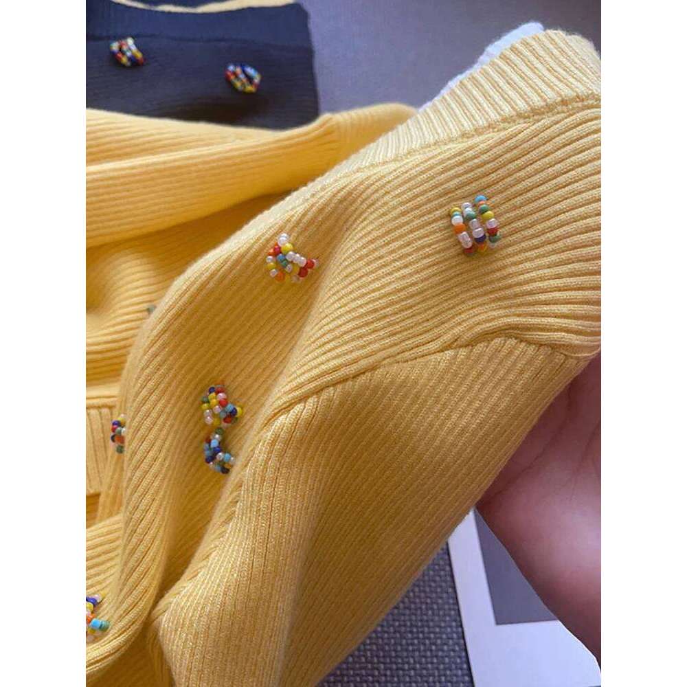 Autumn Winter Beading Cardigan Sweaters For Women V Neck Knitting Tops Loose Sleeve Knitwears Jersey Mujer Yellow 2025 New C-028