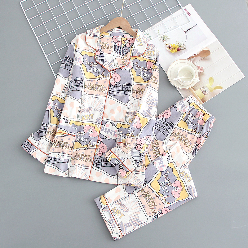 Spring and Autumn Long sleeved Pajamas, Women's Knitted Cotton Cartoon Thin, Loose and Casual Two piece Set, Cardigan, Women's Home Clothing