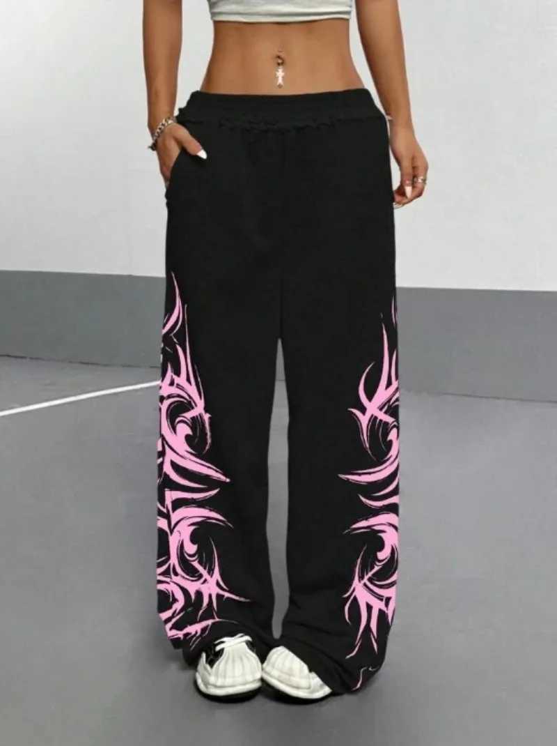Baggy Slacks Black Pink Contrast Y2K Track Pants Women Street Fashion American Jogging Pants Hip Hop Totem Graffiti X250625