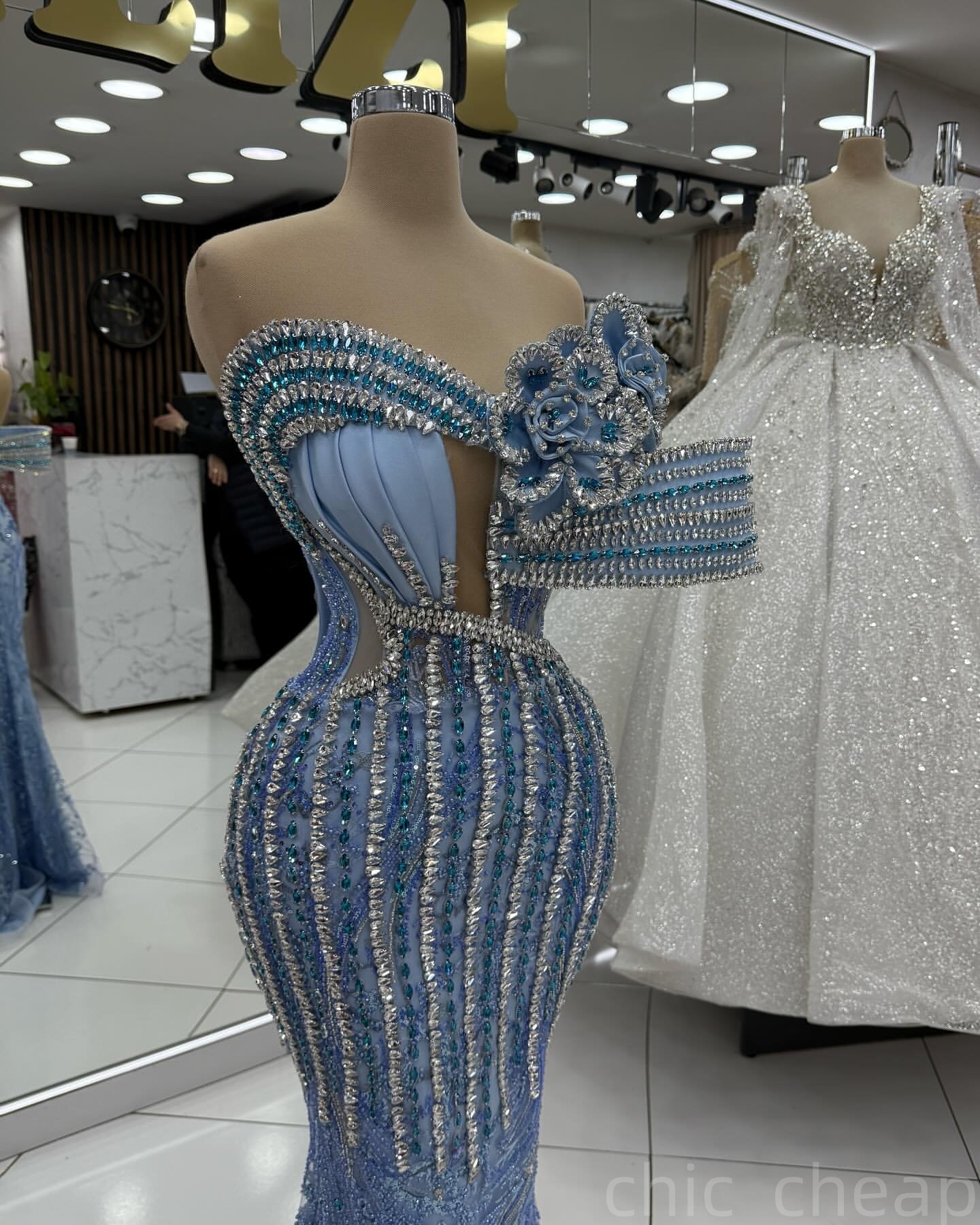 Sky Blue Mermaid Prom Dresses 2025 Flowers Crystals Luxurious Evening Formal Party Second Birthday Engagement Gowns Plus Size Dress For Special Occasi