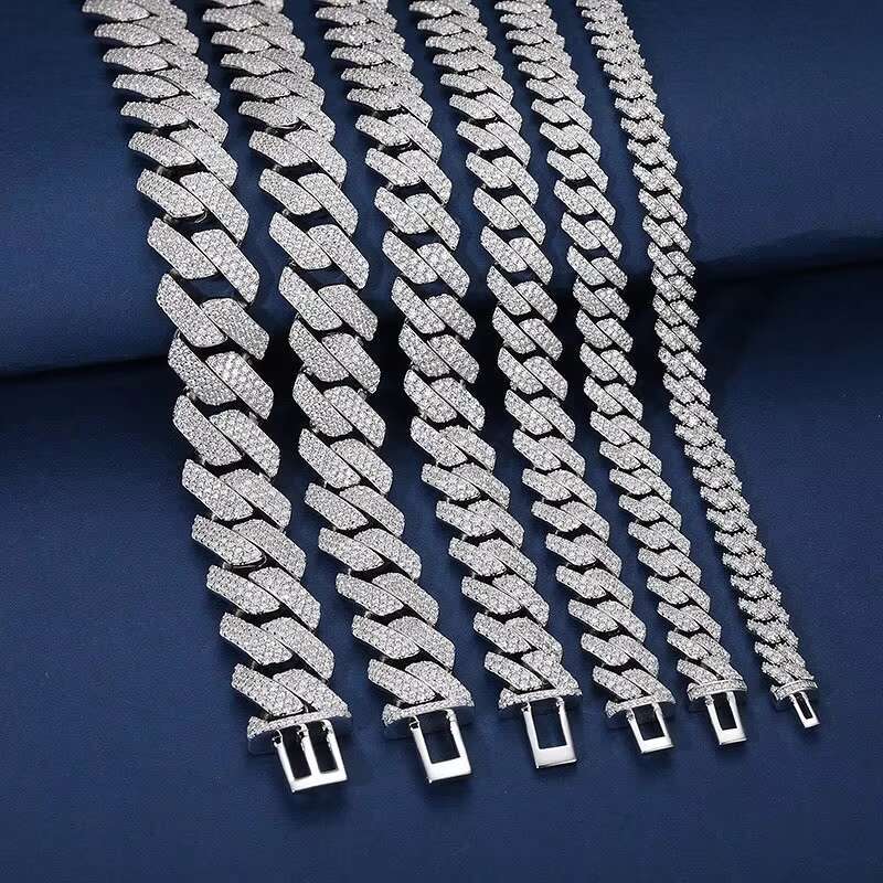 Hip Hop 925 Silver Cuban Link Chain Necklace Bracelet 10MM 2 Rows Moissanite Diamond for Men