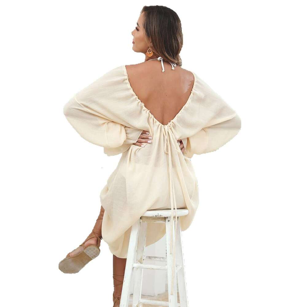 New Butterfly Dance Style Backless Kaftan Round Neck Deep V Large Open Back Bikini Cover-Up B5