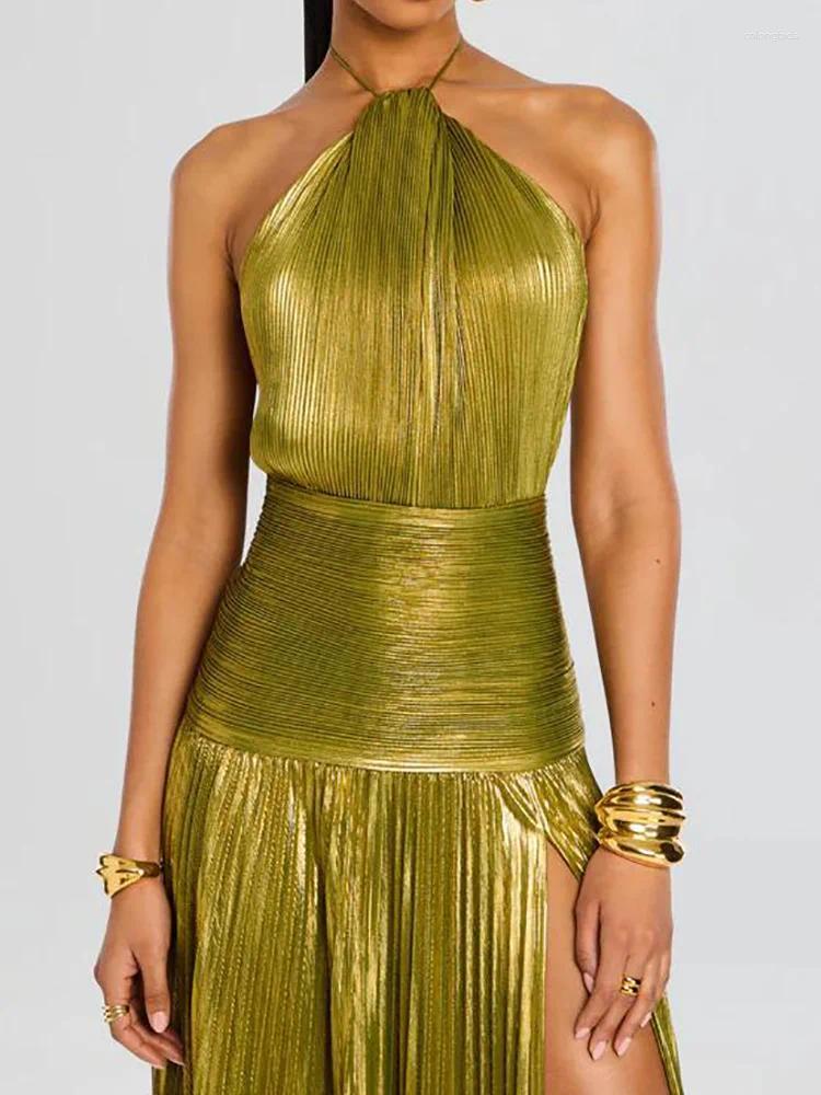 Casual Dresses Summer Women Holiday Patchwork Chic Party Dress Sleeveless Halter Simple Elegant Maxi Backless Fashion Ladies