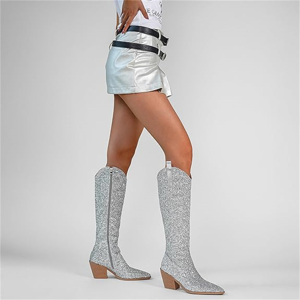 ARQA Cowgirl Boots for Women Side Zipper Tall Wide Calf Western Knee High Cowboy Boots Chunky Heels Glitter Sequin Party Dress Wedding Bridal Country 