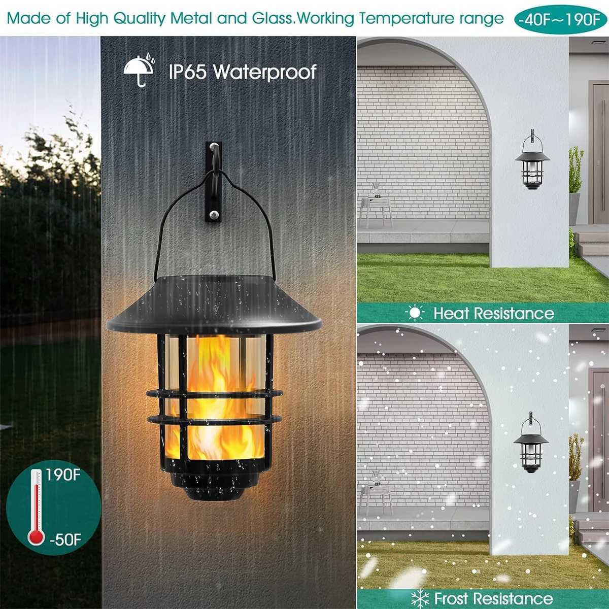 2Pack Solar Wall Lantern Outdoor Flickering Flames Solar Sconce Lights Outdoor Hanging Solar Lamps Wall Mount for Front Porch XJ250624