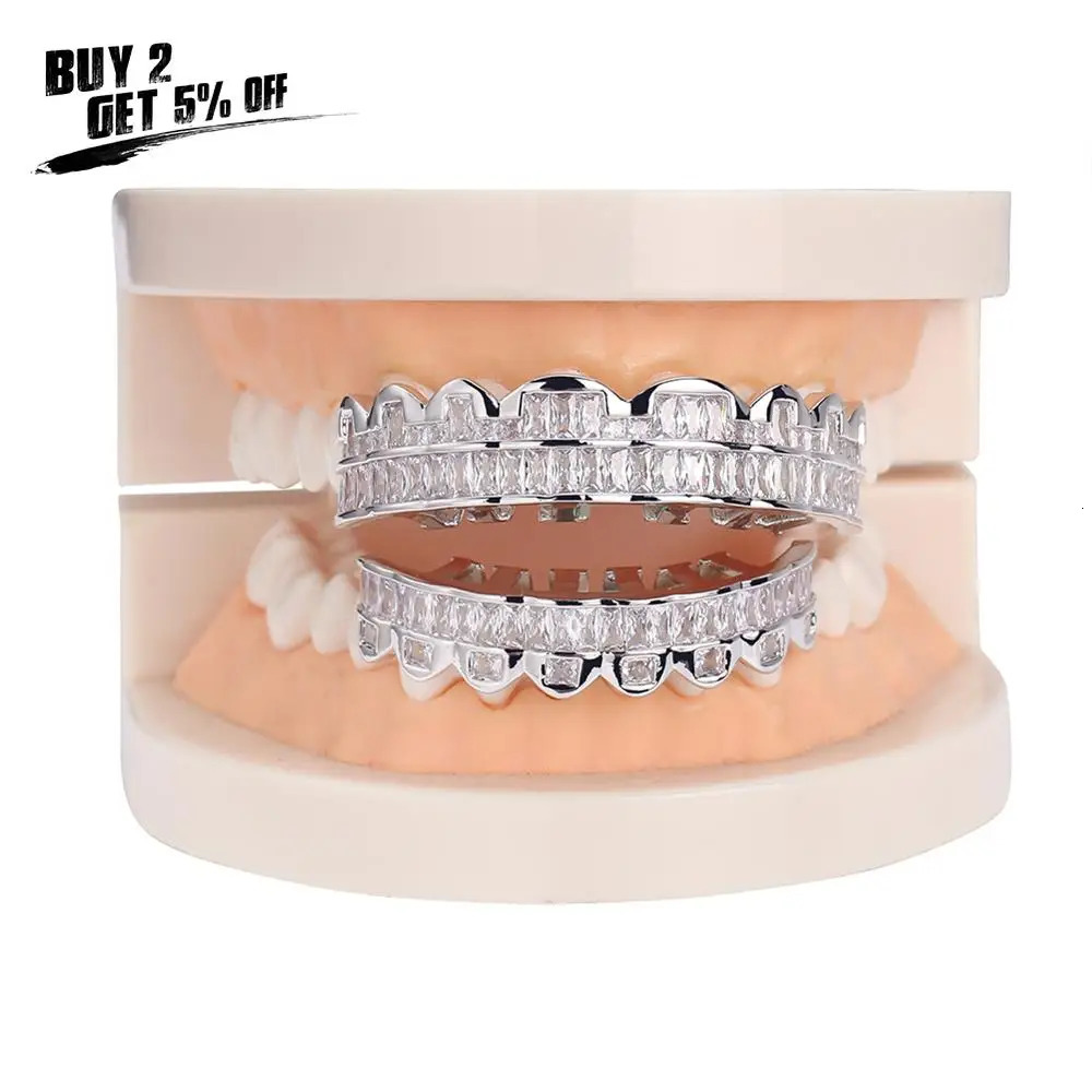 JINAO Plated HIP HOP Teeth Top Bottom Grills Set With silicone Shiny Grill Sets Bling Cubic Zircon 250606