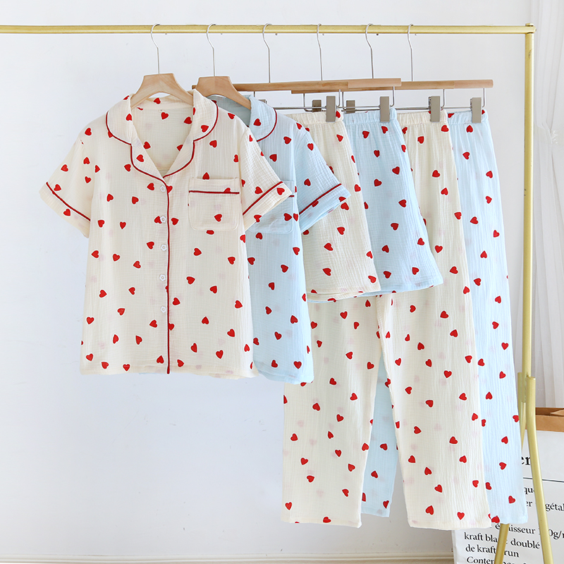 Manufacturer direct sales summer pure cotton yarn thin short sleeved love three piece set shorts breathable sweat absorbing pants pajama set
