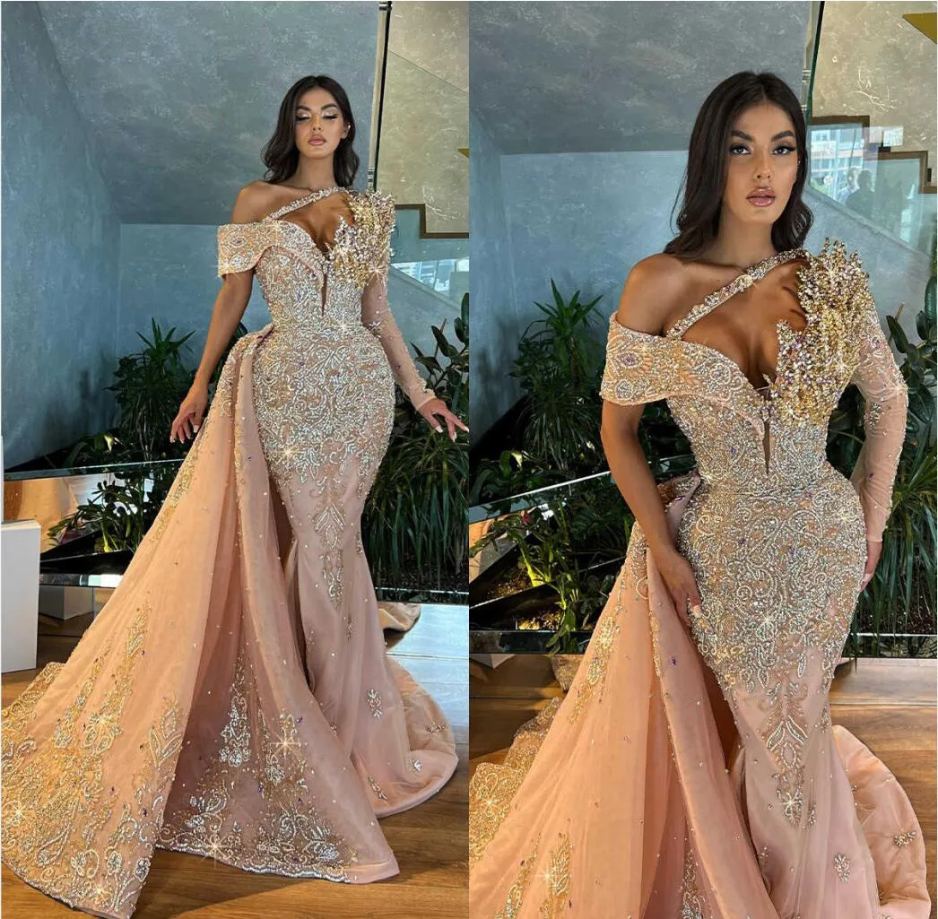 Gorgeous One Shoulder Prom Dresses Beaded Lace Evening Dress Detachable Train Rhinestones Appliques Party Gown Customized