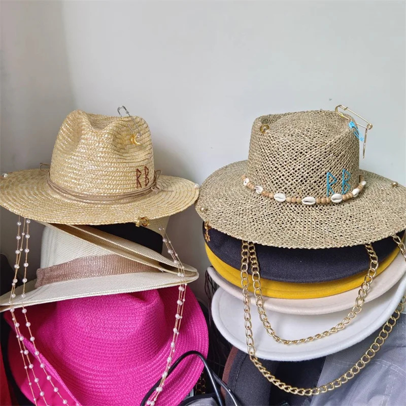 White straw hat pearl chain DIY flat top sun hat Korean elastic ribbon hat beach hat candy color sun hat 250624
