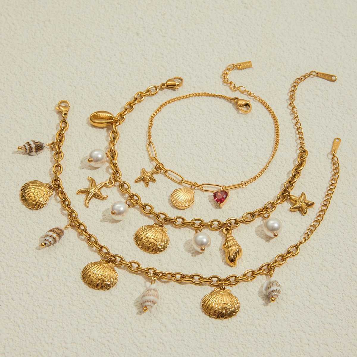 Zora Wens Trendy Holiday Style Conch Pendant Bracelet 18K Gold-plated Stainless Steel Chain Waterproof Jewelry for Vacation X250625