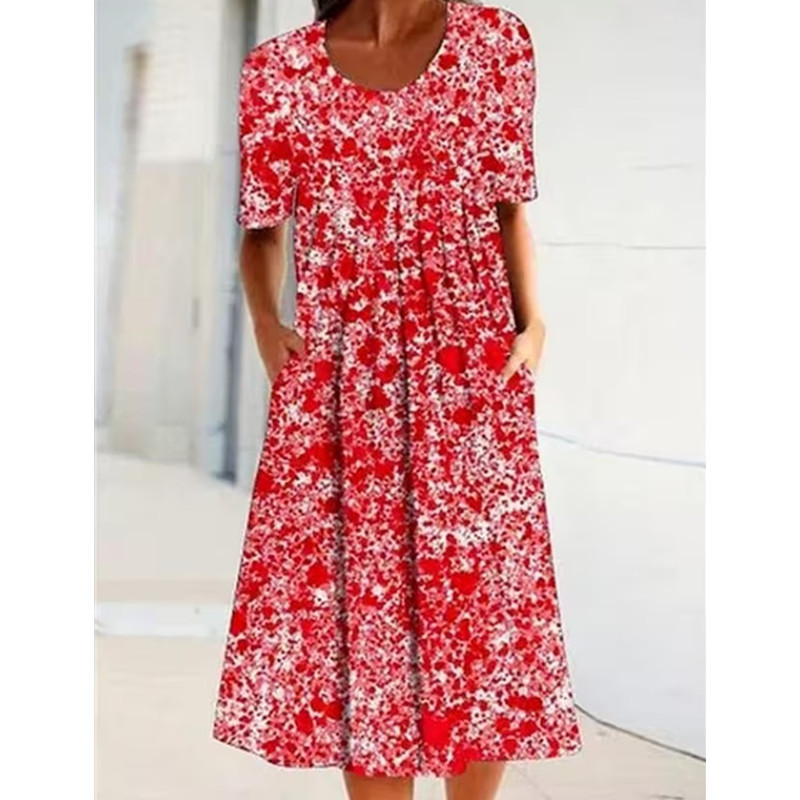 D625Spring and Summer Floral Print Round Neck Pocket Midi Dress Women's