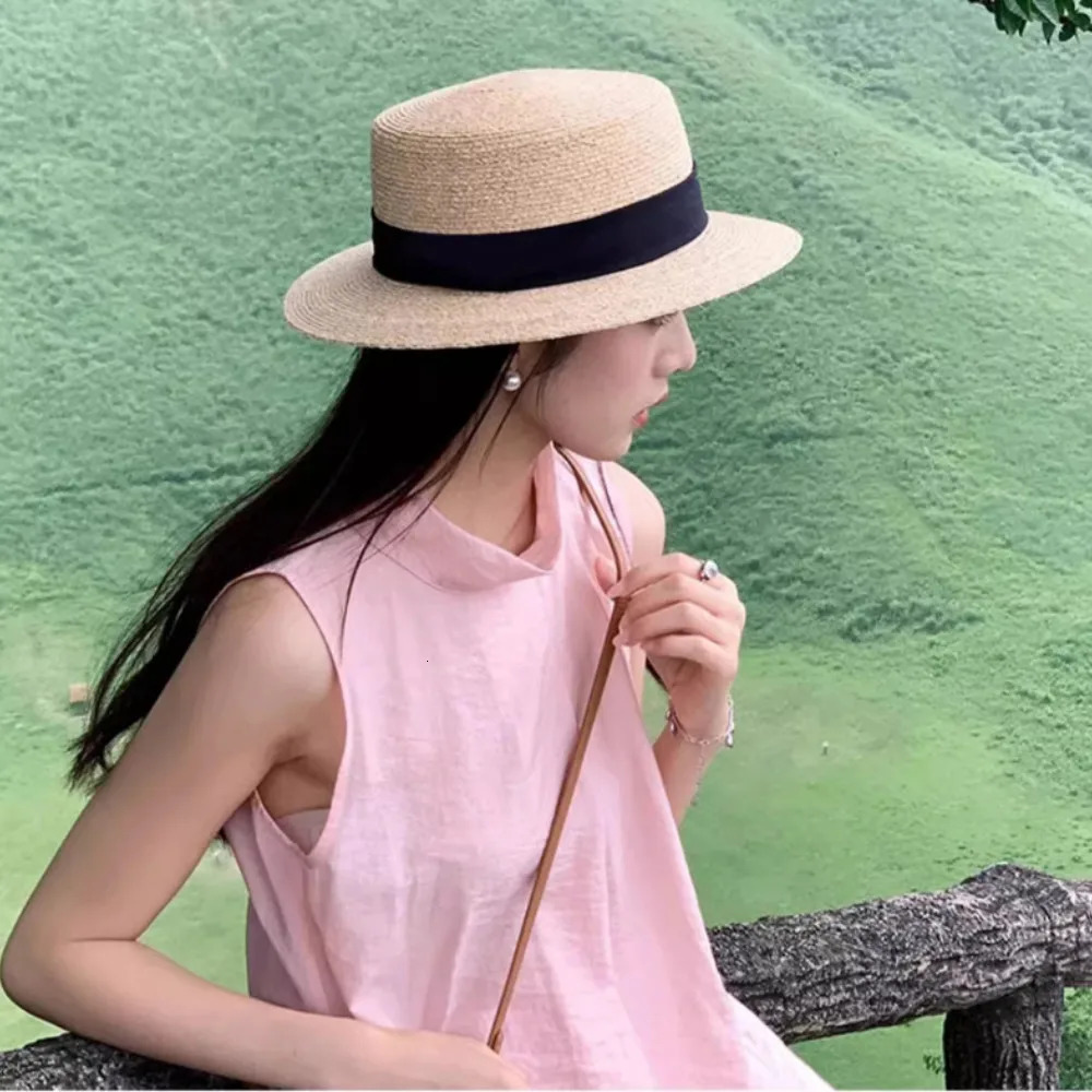 French Style Fashion Flat Top Straw Cap Retro Temperament Beach Sun Hat Travel Pography Props 250624
