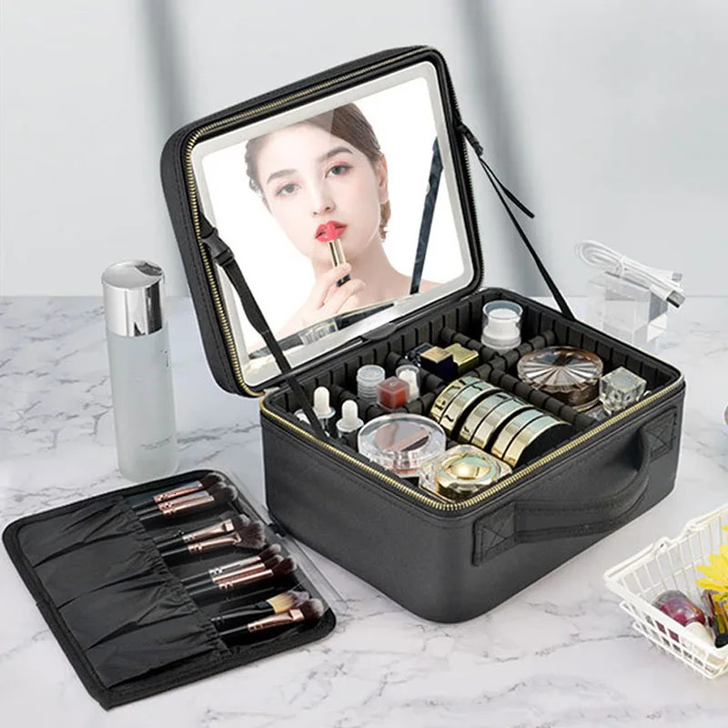 Smart LED Cosmetic Case With Mirror Travel Makeup Bag Large Capacity Female Beautician Skincare Product Makeup Case For Women 250625