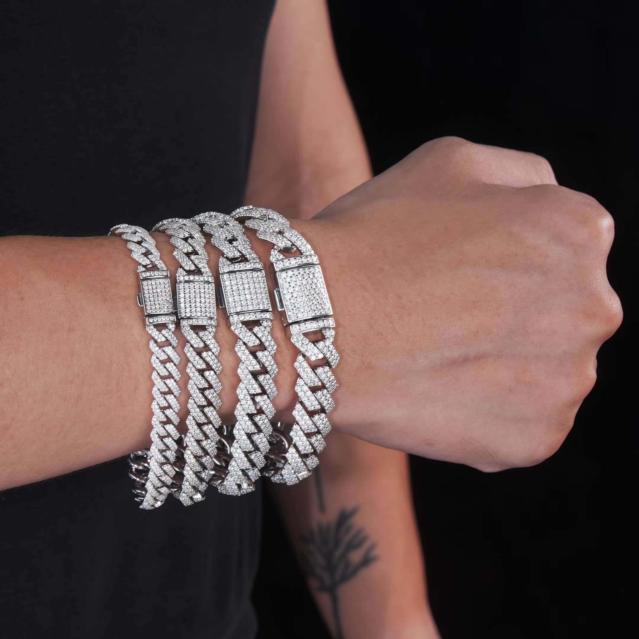 Hip Hop 925 Silver Cuban Link Chain Necklace Bracelet 10MM 2 Rows Moissanite Diamond for Men