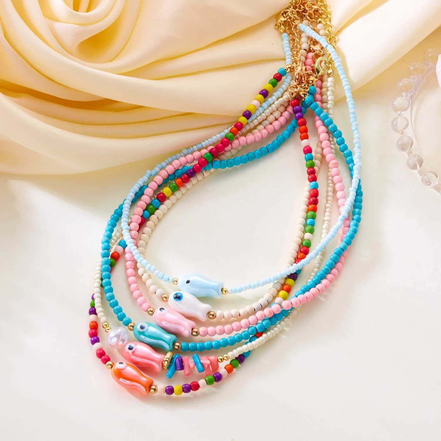 Cute Ceramic Fish Necklace for Women Girls Y2K Colorful Beads Shell Starfish Necklace Trend Aesthetic Summer Beach Jewelry Gift M250625