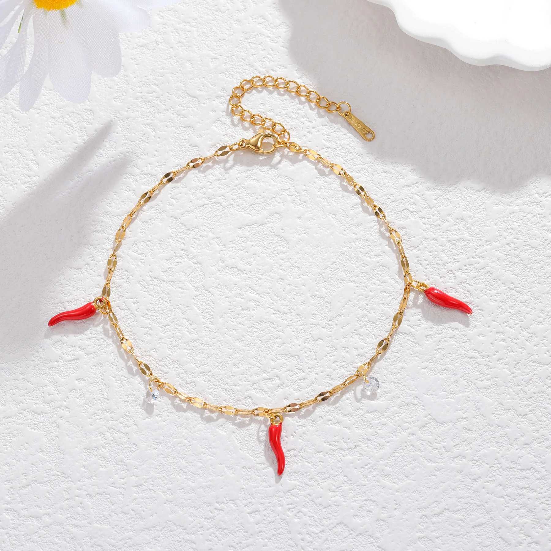Freeteeme Fresh Cherry Chili Anklets for Women Girls Stainless Steel Fruits Stone Charms Leg Chains Beach Holiday Jewelry Gifts V250624