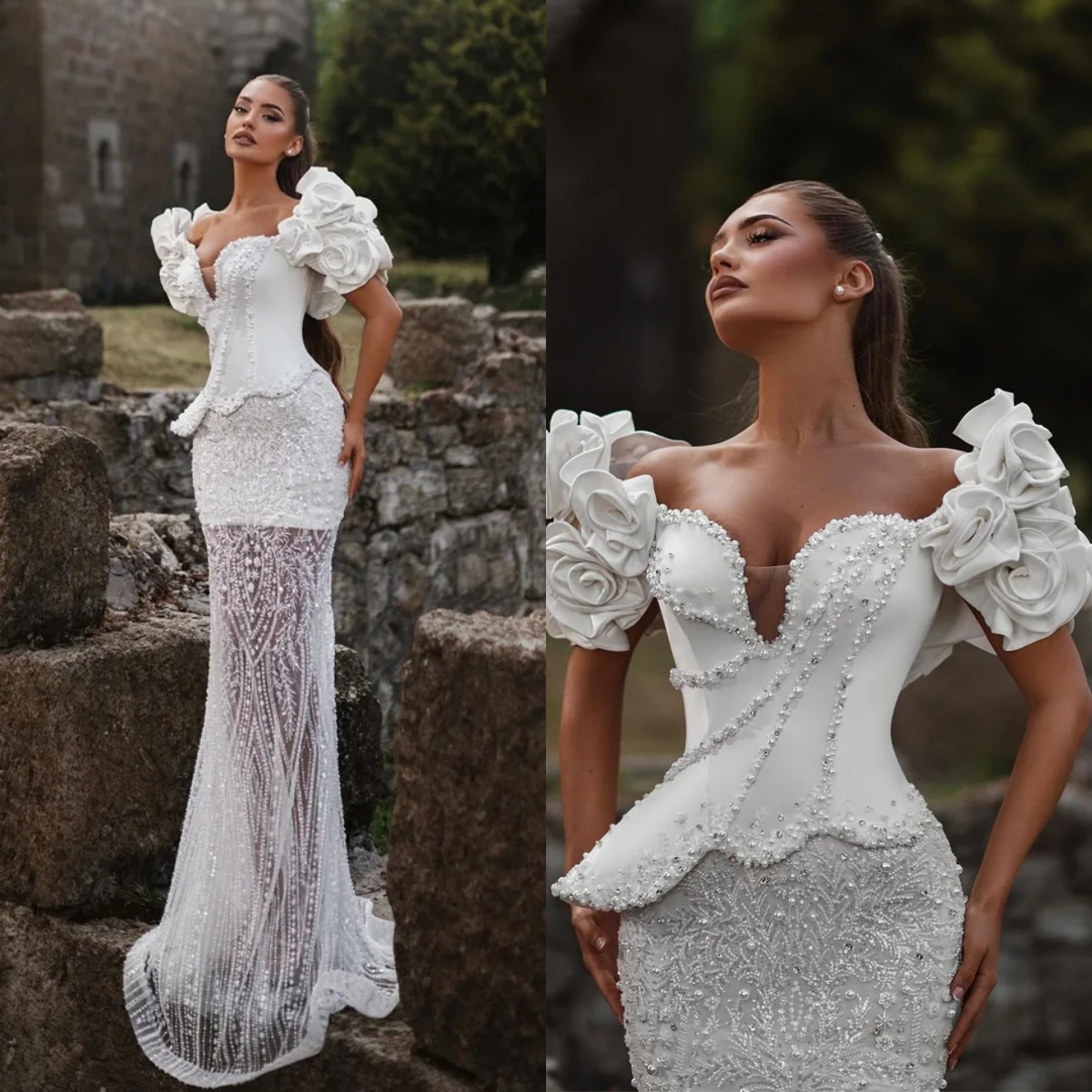 Stylish Wedding Dresses Pearls 3D Flowers Bridal Gowns Appliques Mermaid Beading Rhinestone Customized Bride Sweep Train Vestidos De Novia Plus Size