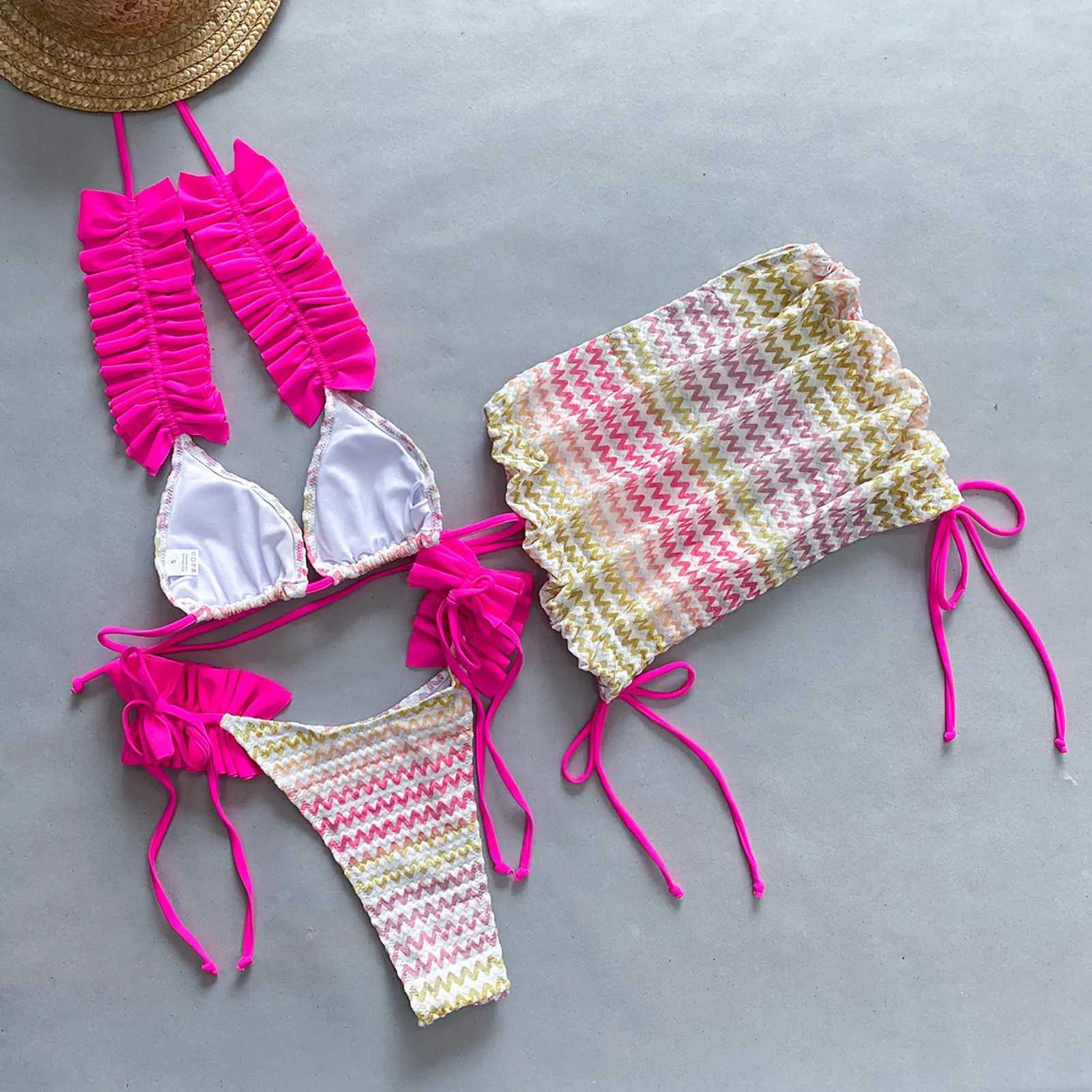 Women Swimsuit Ruffle Trim Halter Bikini Set with Lace-up Briefs Hip Wrapped Skirt Womens Summer Swimming Suit Beachwear Halter XJ250624