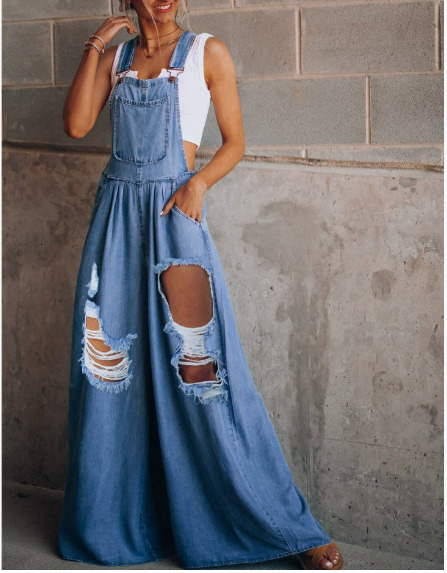 Tencel thin denim jumpsuit with straps