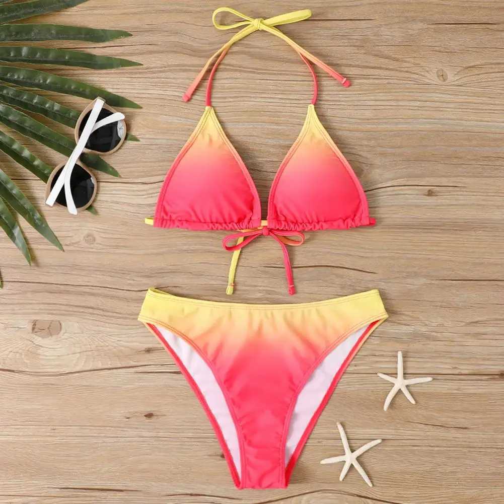 2Pcs Women Push-up Bikini Set Halter Padded Bra High Waist Swimming Briefs Set Adjustable Strap Swimsuit Gradient Split Swimwear XJ250624
