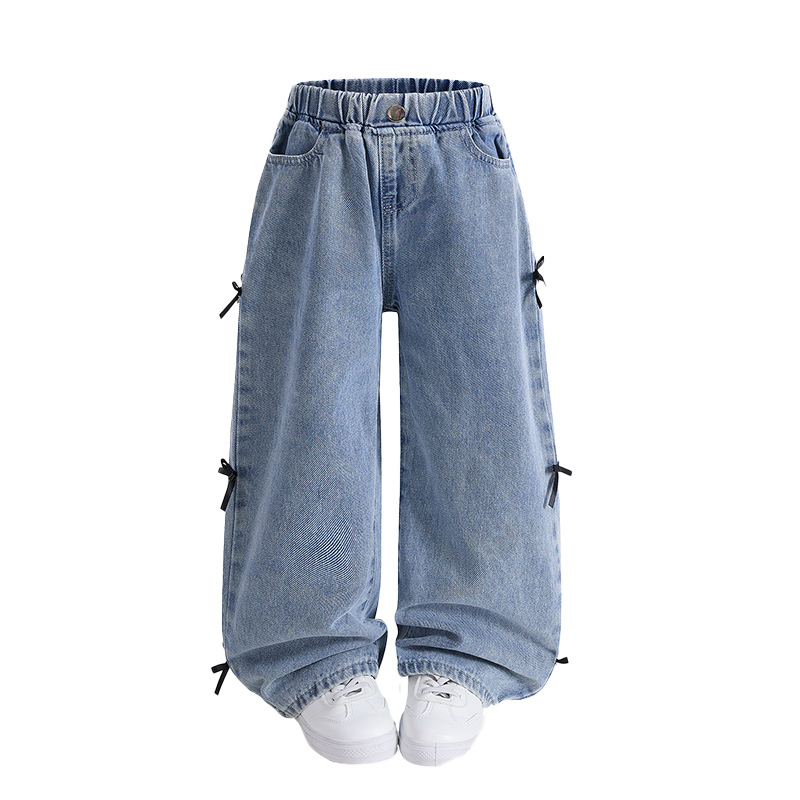 Cute Kid's Lightweight Indigo Trousers Complemented by an Elegant Black Knot Embellishment