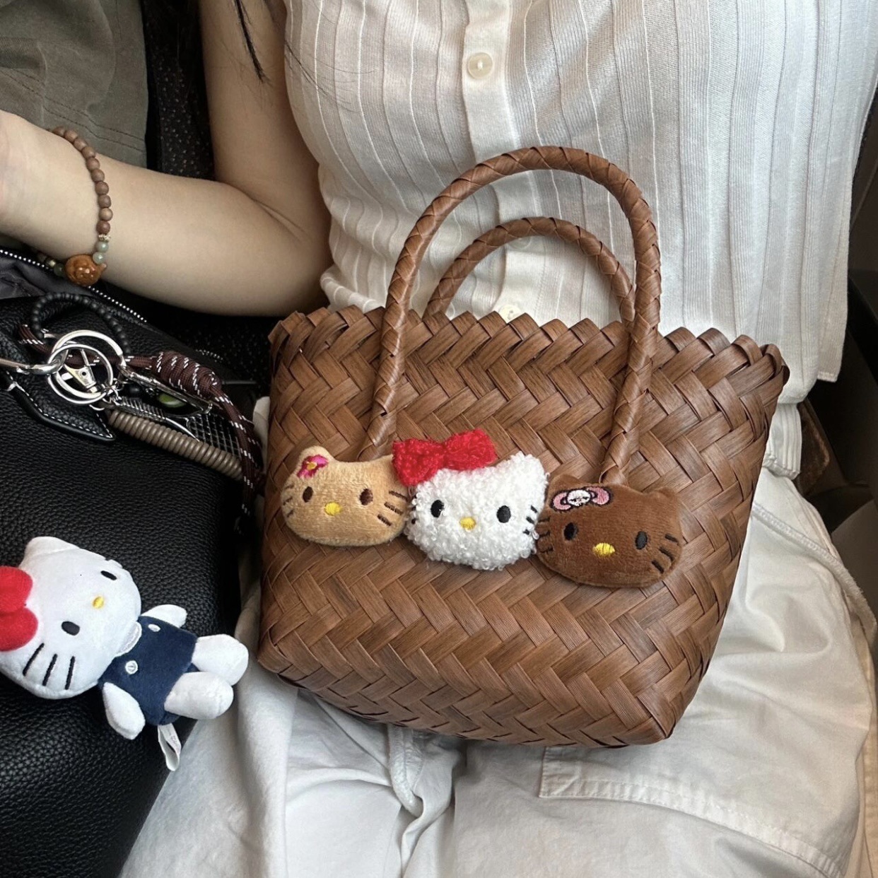 Free Shipping 2025 New Designer Bag High-end Beach Bag Custom Summer Cat Imitation Rattan Handmade Cute Basket Thick Handbag For Women