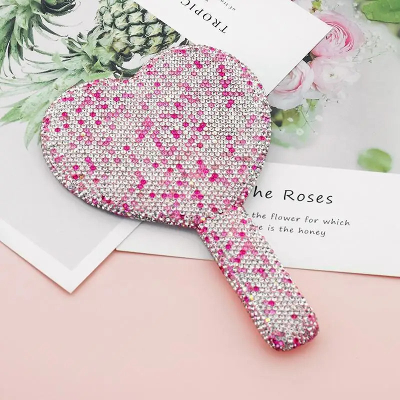 Diamond Handheld Makeup Mirror Female Handle Love Heart Mirrors Beauty Tools Rhinestone Heart-shaped Cosmetic Mirror w156 250625