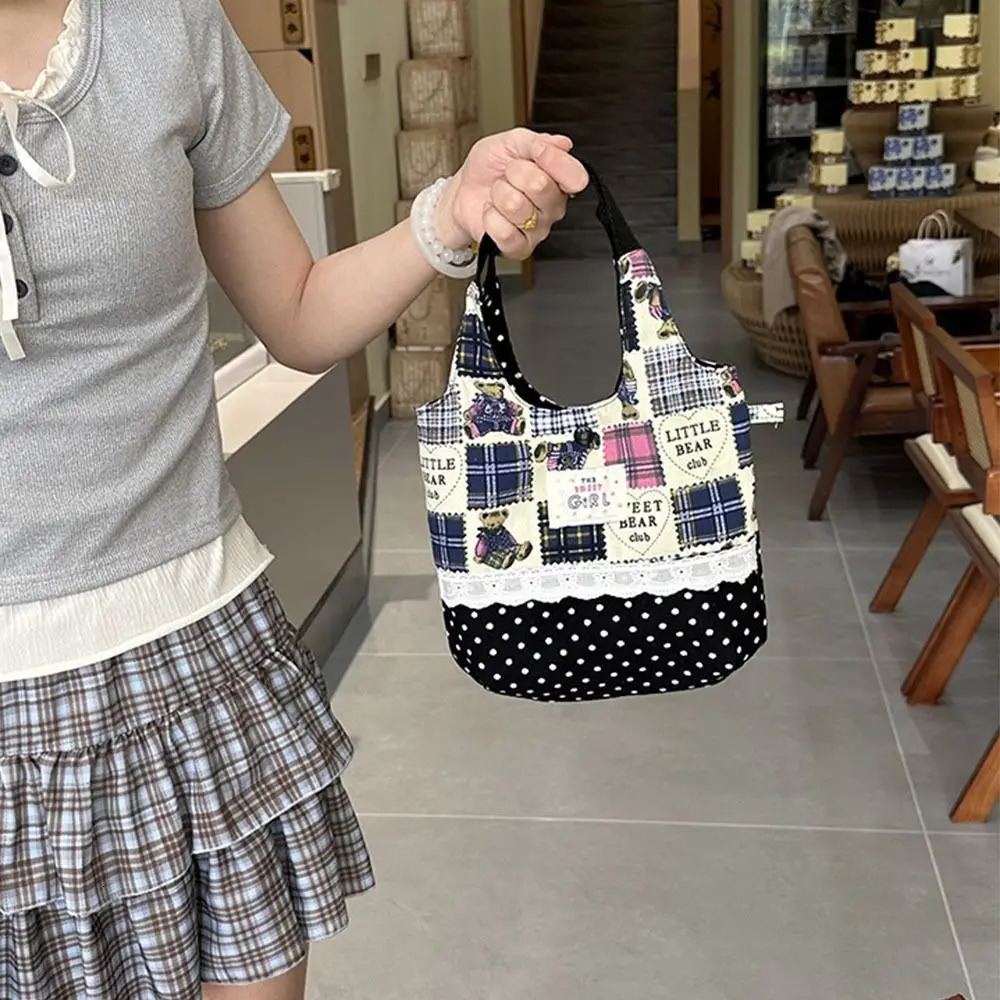 Korean INS Sweet Lace Handbag Leisure Denim Plaid Tote Bags Portable Bag Commuting Bag Denim Plaid Canvas Tote Bags Womens Bag 250624
