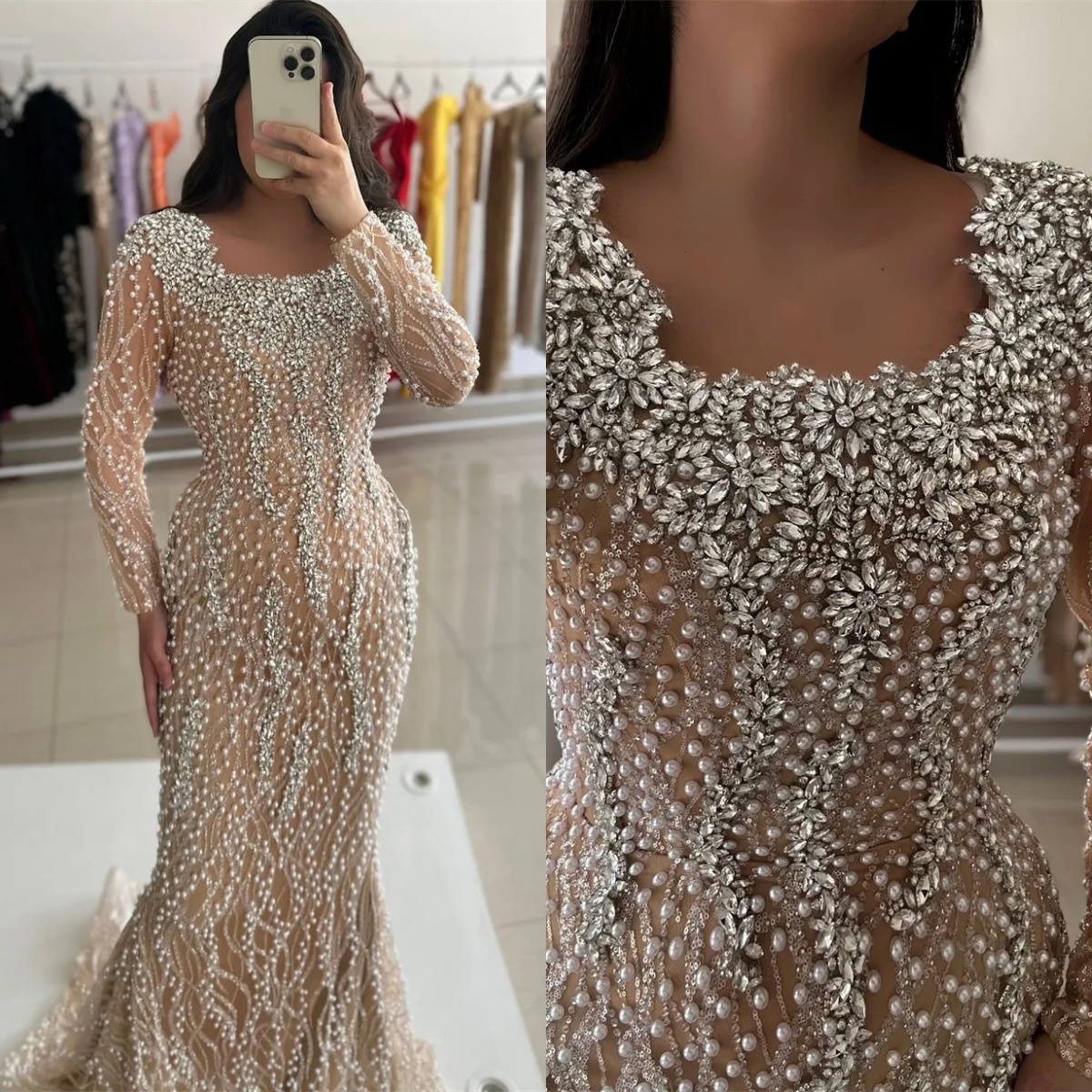 Elegant Crystal Wedding Dresses Pearls Beading Bridal Gowns Sequins Mermaid Long Sleeves Customized Bride Vestidos De Novia Plus Size
