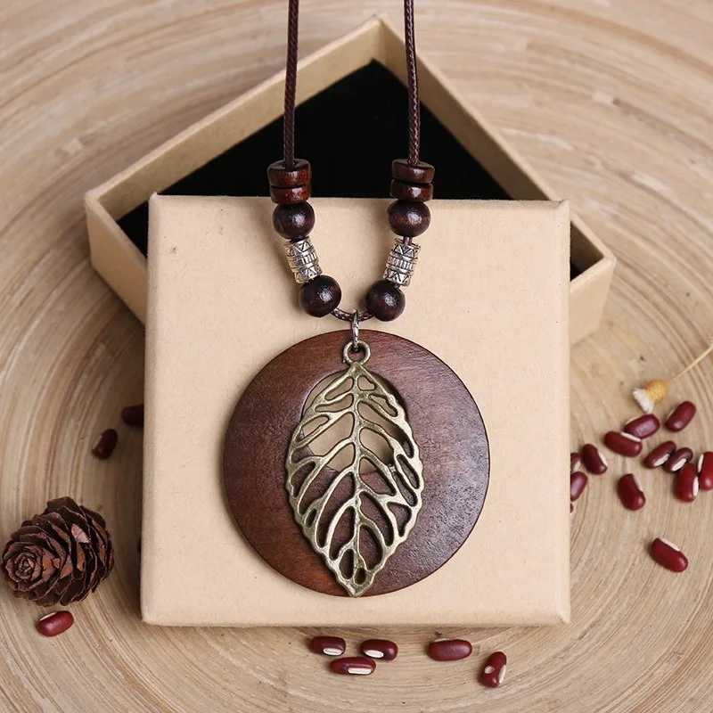 Vintage Wooden Owl Pendant Necklace Boho Ethnic Style Metal Hollow Leaves Necklaces Long Wax Rope Chain for Women Gifts V250625