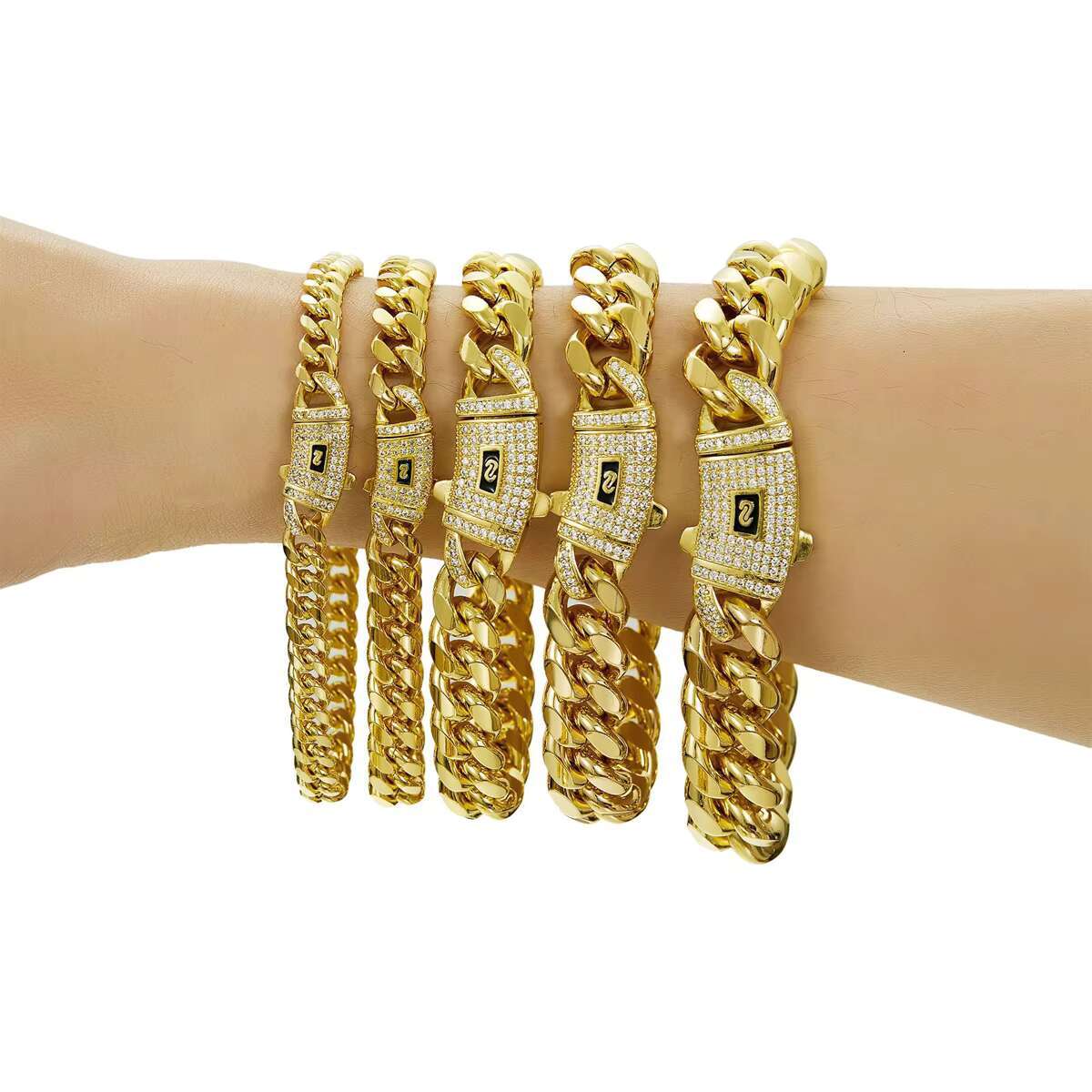 Hot Design Stainless Steel 14K Gold Plated Zircon Monaco Chain 6/8/10/12/14/16mm Miami Cuban Link Chain for Women Men