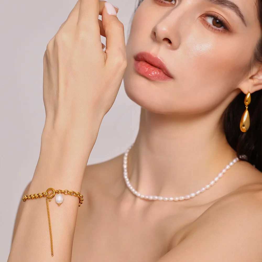 Chic Niche Chain Link Gold Plated Bracelet For Women Stainless Steel Pearl Pendant Bangle Vintage Luxury Charm Jewelry X250625