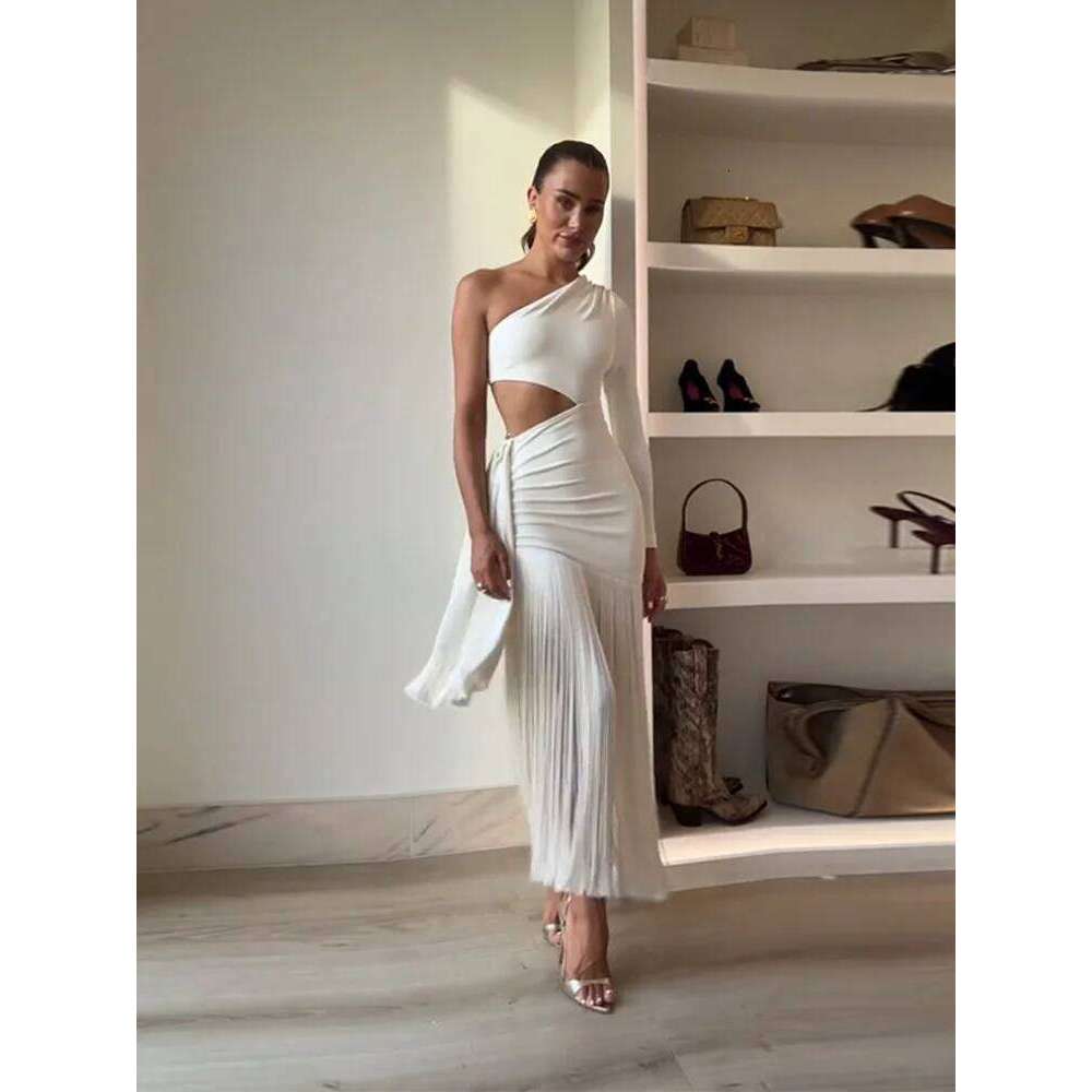 Sexy Tassels Hallow Out Dress Women Slim Skew Collar One Long Sleeves Vestidos Female 2025 Summer Chic High Waist Dresses