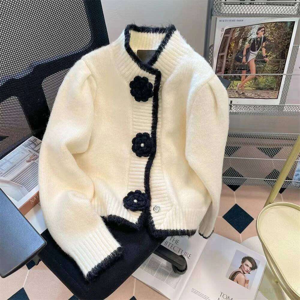Pull Femme Tops Vintage Black Knitted Cardigan Flower Sweater Women Y2k Autumn Winter Feminino Jacket Slim Knit