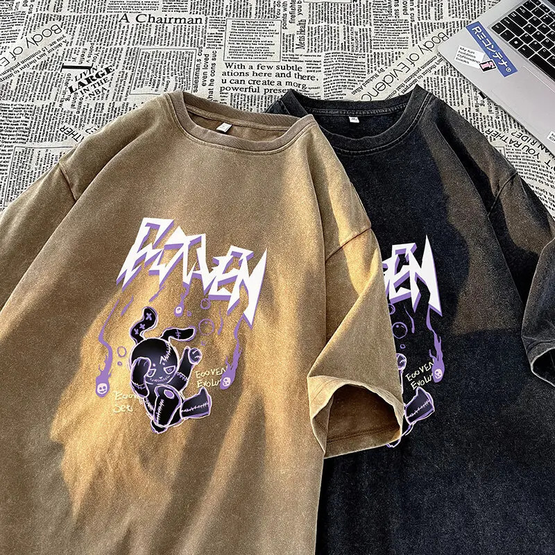 Stylish Hole Washed T-shirt Street Couples Short-sleeved Tops Men Women Round Neck Loose T-Shirt 250618