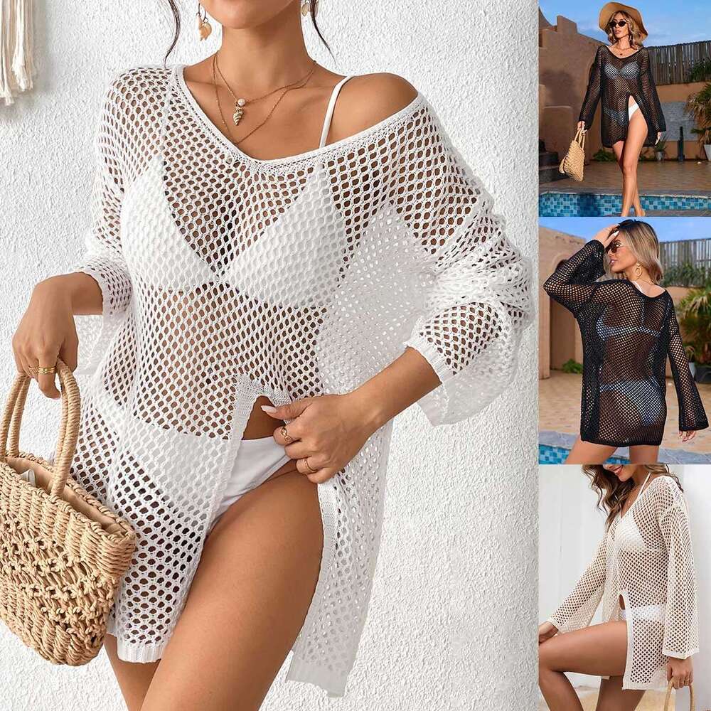 New V-Neck Cover-Up Hollow Side Slit Personality Long Sleeve Beach Dress B5