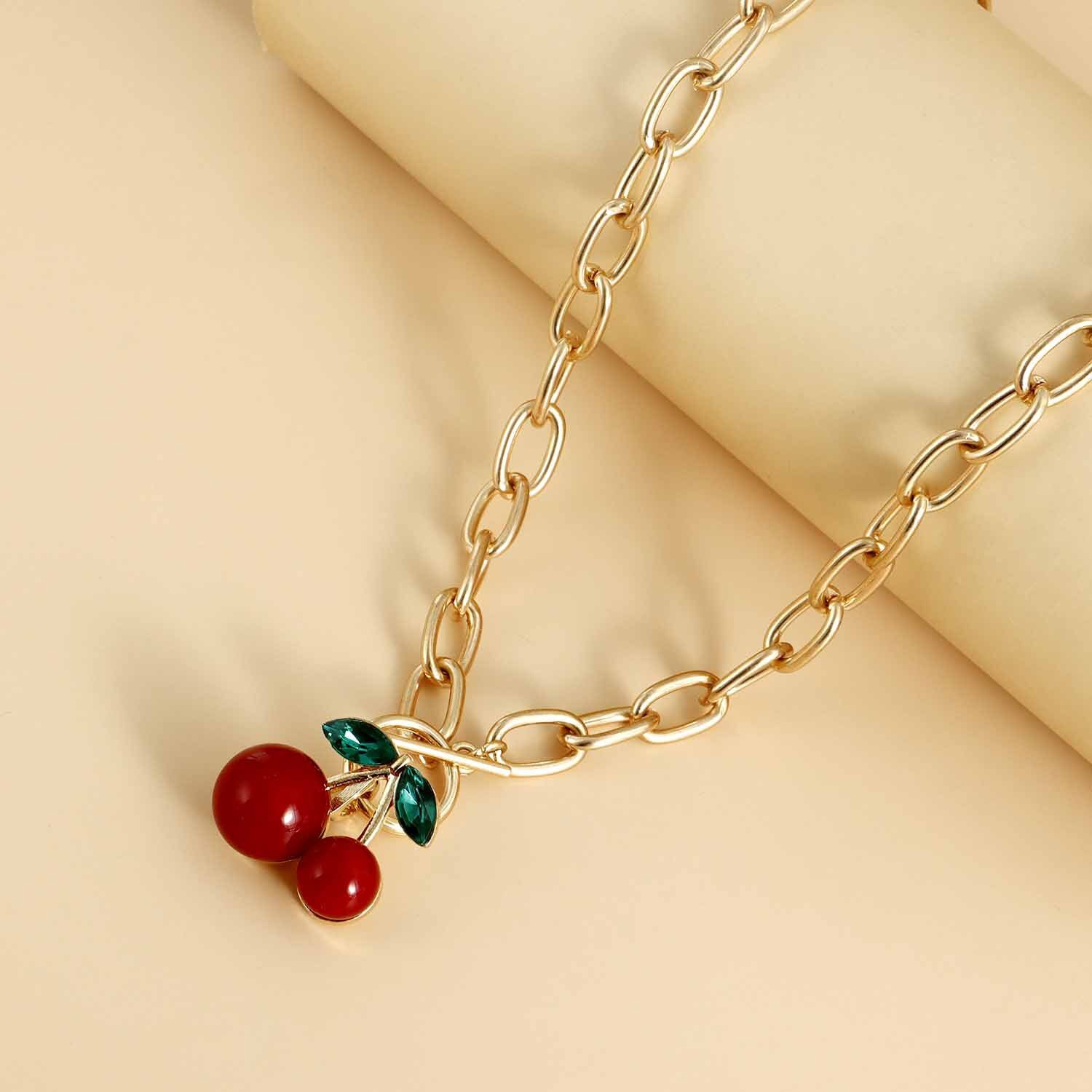 Y2K Geometric Exaggerated Thick Chain Big Red Cherry Pendant Necklace for Women Hot Selling Jewelry Jewelry for Women